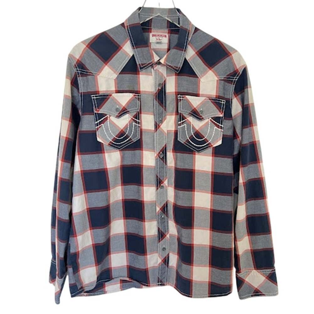 True Religion Men's Cotton Plaid Pearl Snap Western Shirt L Long Sleeve Top